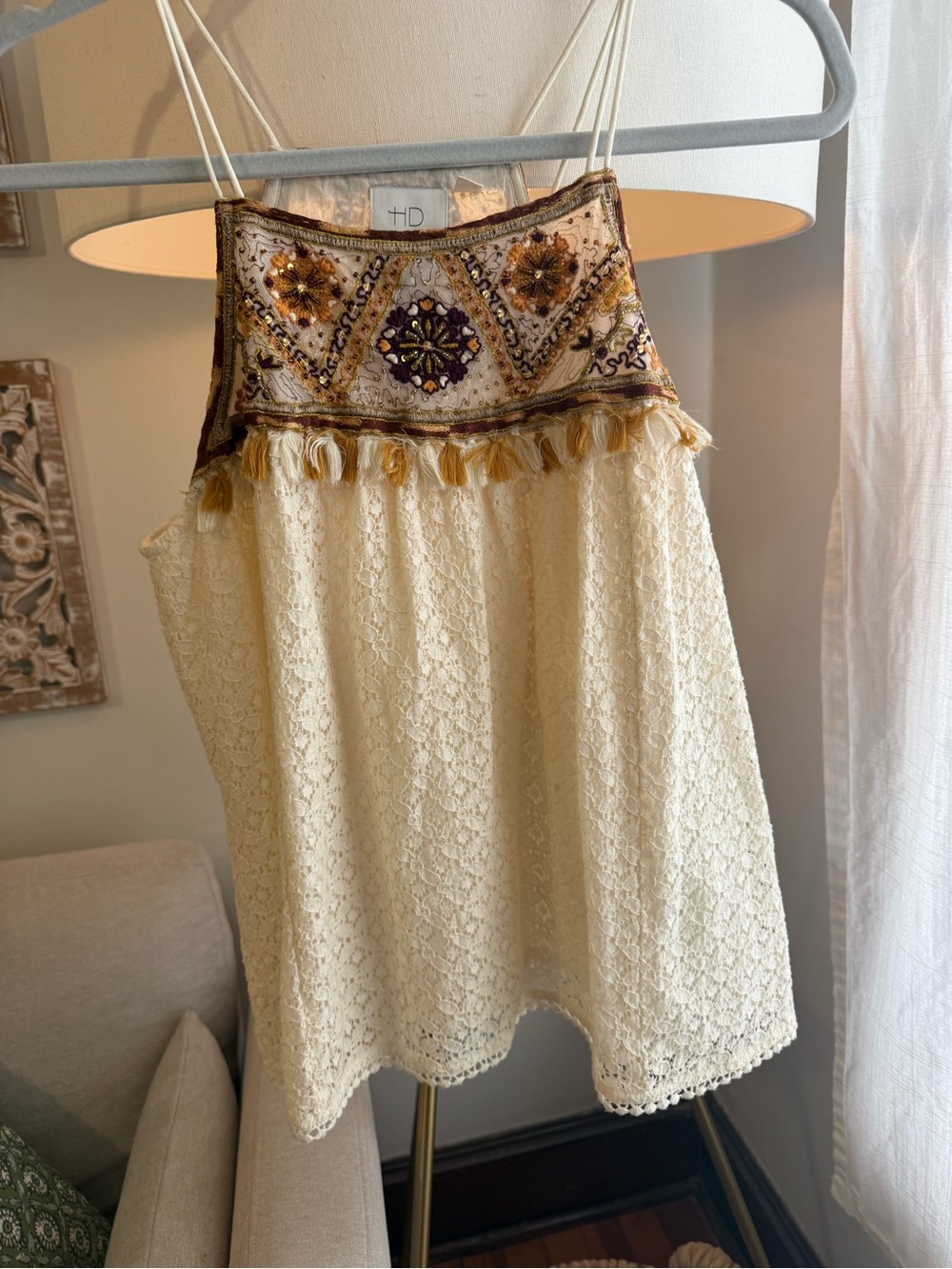 Embroidered Tassel-Yoke Cream Lace Cami